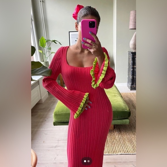 Mochi Ribbed Knit Ruffle Trim Dress - Picture 1 of 4